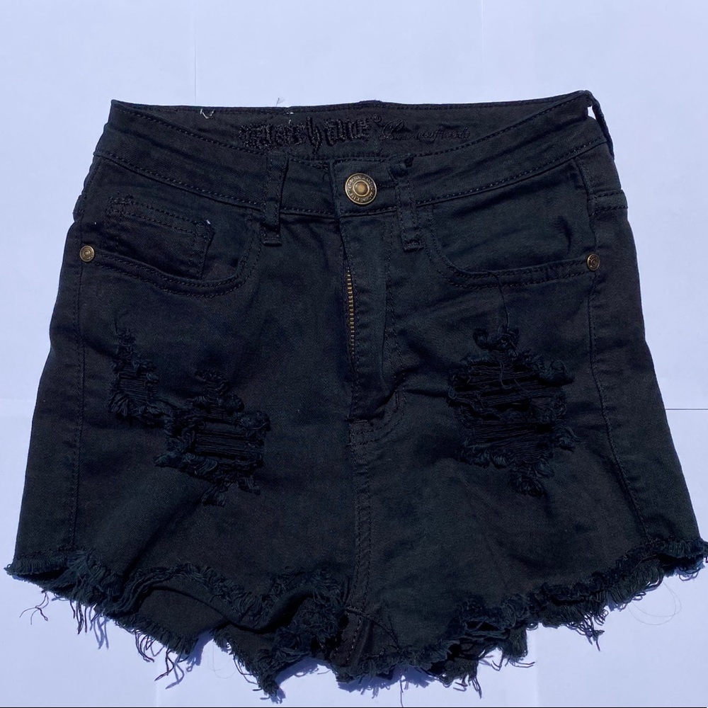 Distressed black jean shorts
